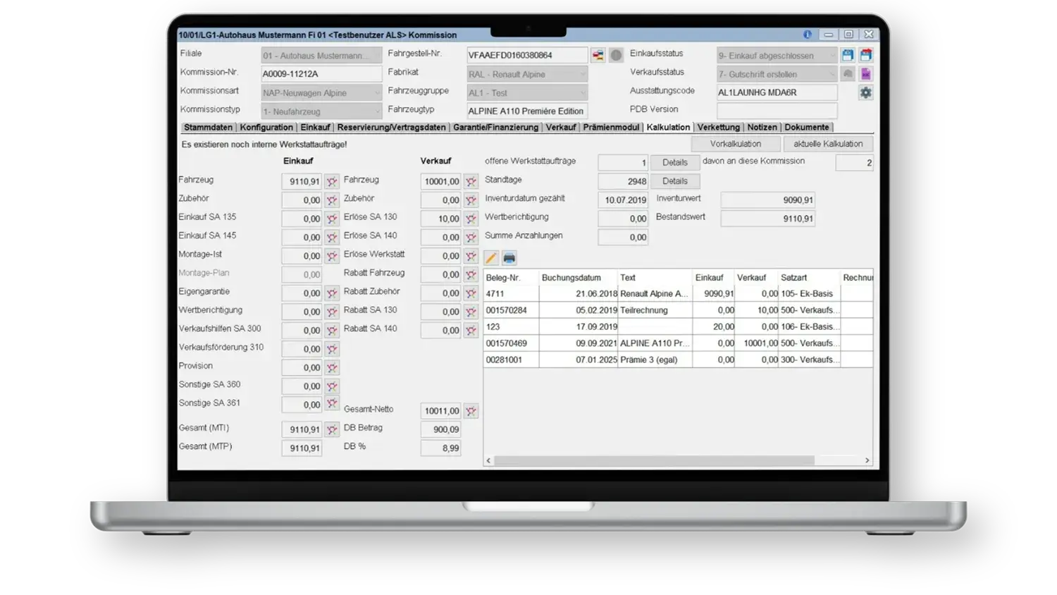 Laptop mit geöffneter Software mit dem Modul Wagenhandel